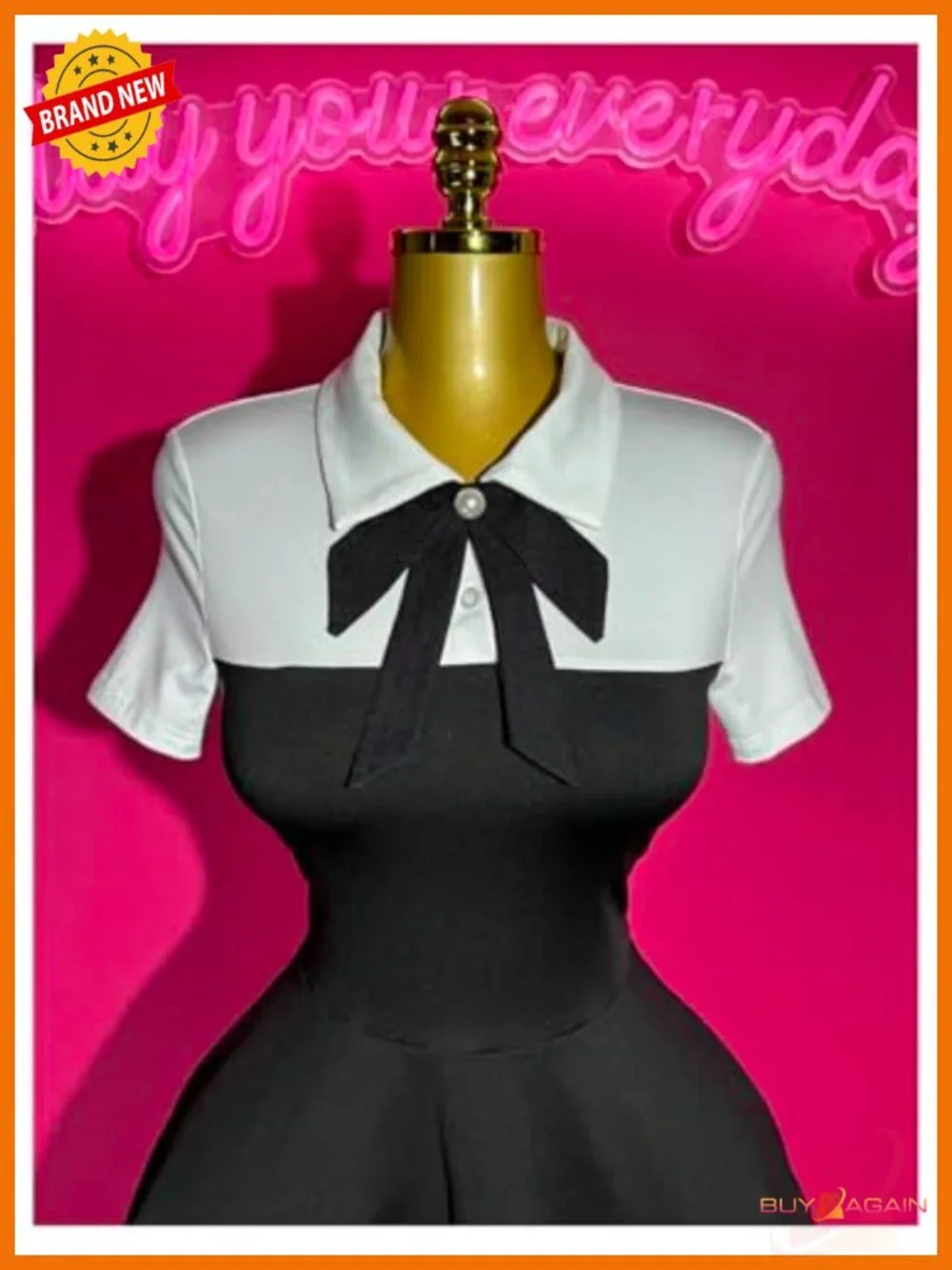 Pearl Tie Ruffle Layered Flowy Preppy Mini Dress Button Front